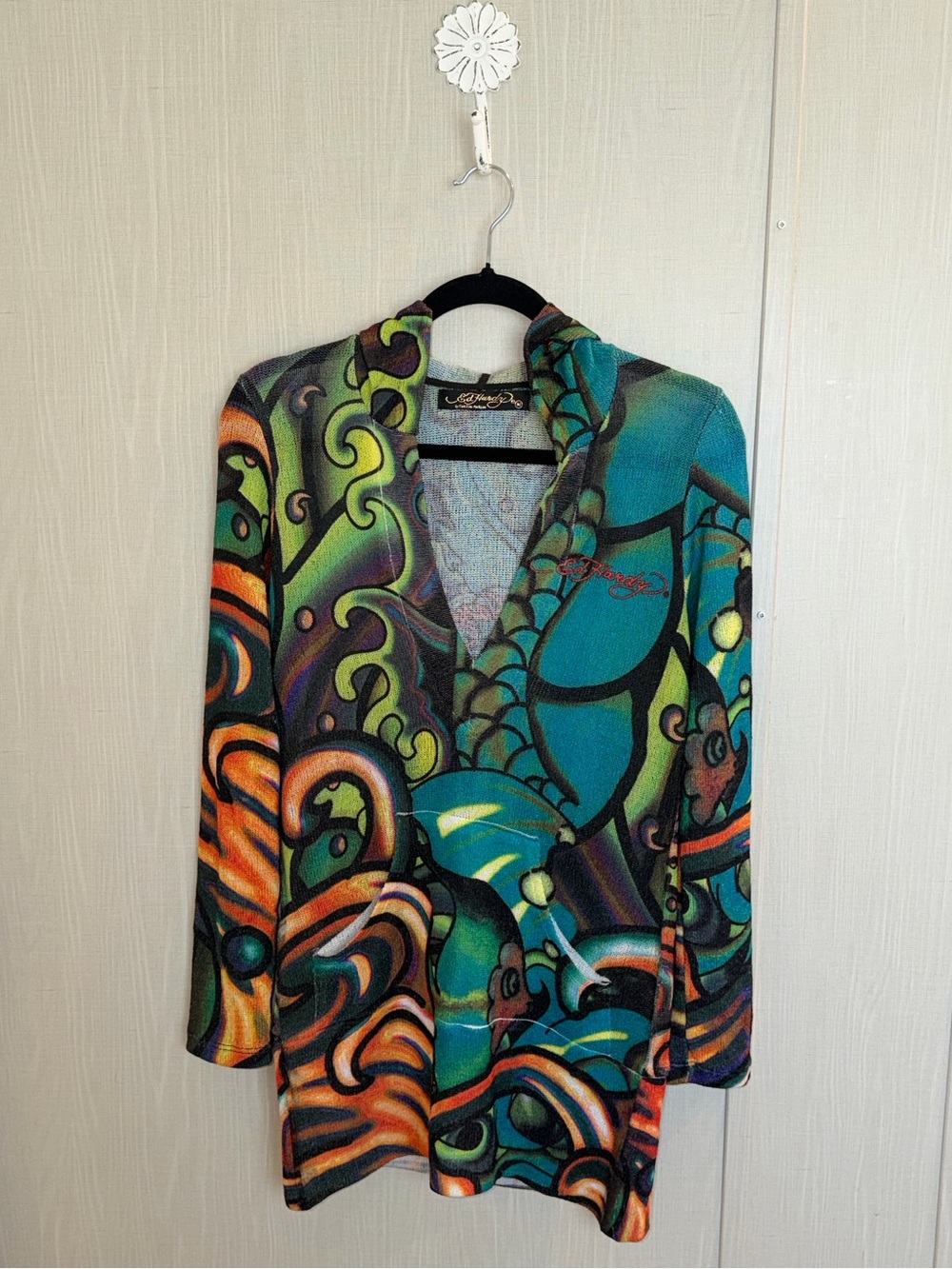 RARE Y2K ED HARDY Koi Fish Mermaid Graffiti Hoodie Knit Mini Dress Medium